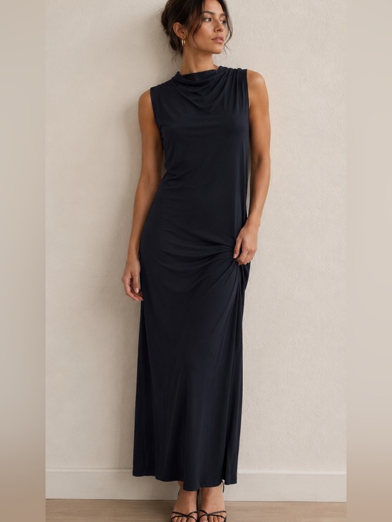 Vince Dresses & Skirts - Vince Ruched Mock Neck Black Maxi Dress Large Sleek Chic Basic Jersey